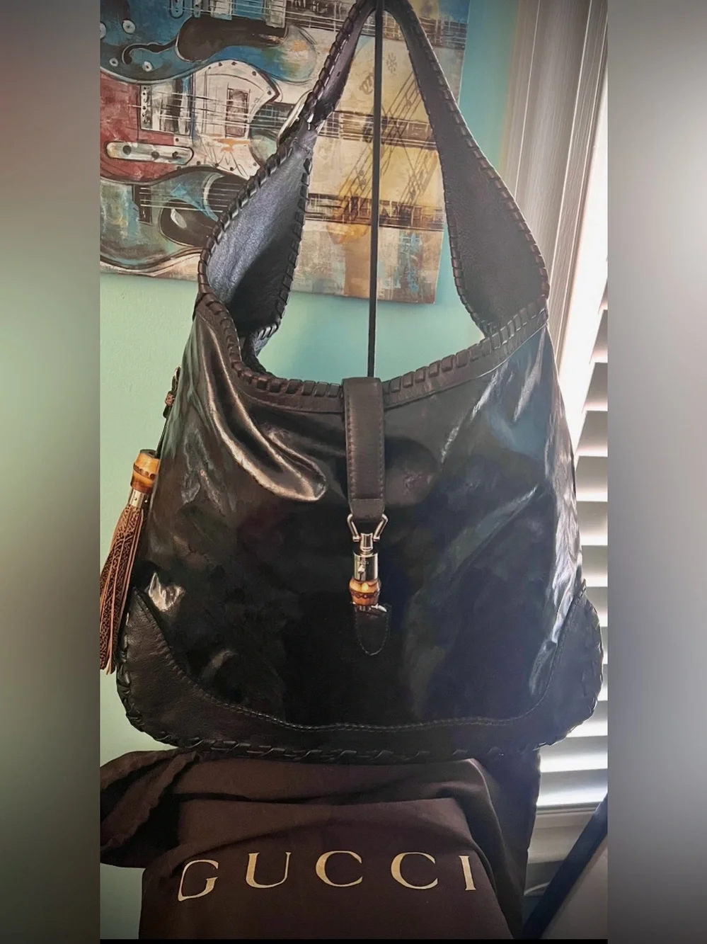 Gucci Vintage rare “Jackie Bamboo”Espresso/Black/CrystalCanvas/Leather hobo
